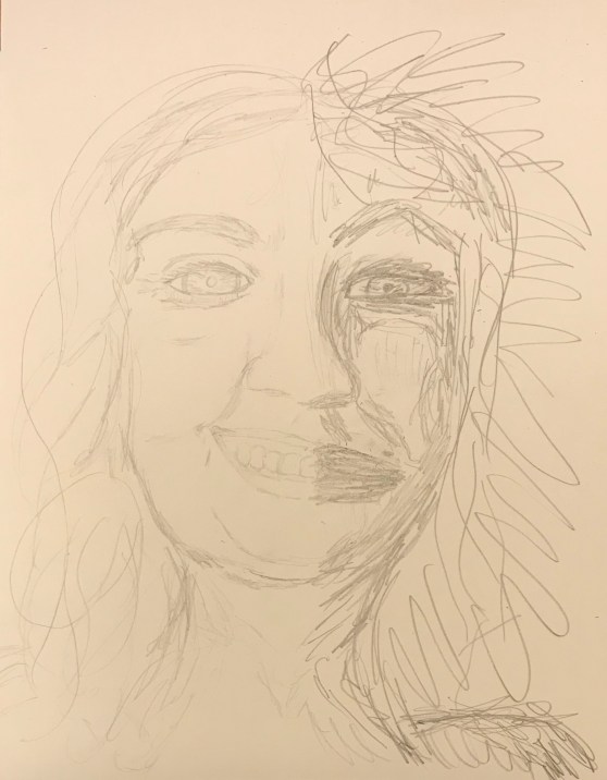 Pencil sketch of two-sided face, one smiling and one ugly and snarling