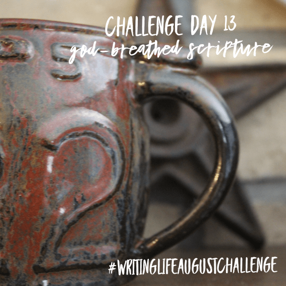 Mug and iron star on the mantle of a brick fireplace. Photo text: Challenge day 13: God-breathed scripture. #writinglifeaugustchallenge
