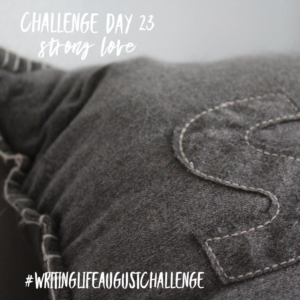 A gray pillow with white whip-stitching around the edges and an appliquéd letter S against a pale background. Photo text: Challenge Day 23, strong love. #writinglifeaugustchallenge 
